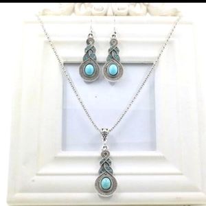 Blue Rhinestone Inlaid Turquoise Drop Earrings & Necklace Set Original Design